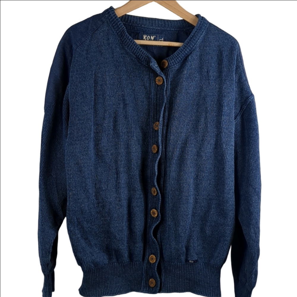 Vintage Ron Indigo Knit Denim Sweater buttons XL 1980s 80s retro